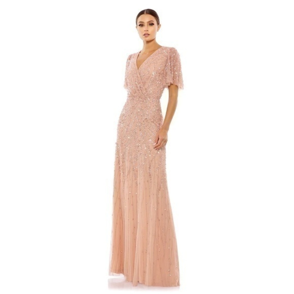 MAC DUGGAL Nude Embellished Flutter Sleeve Evening Gown